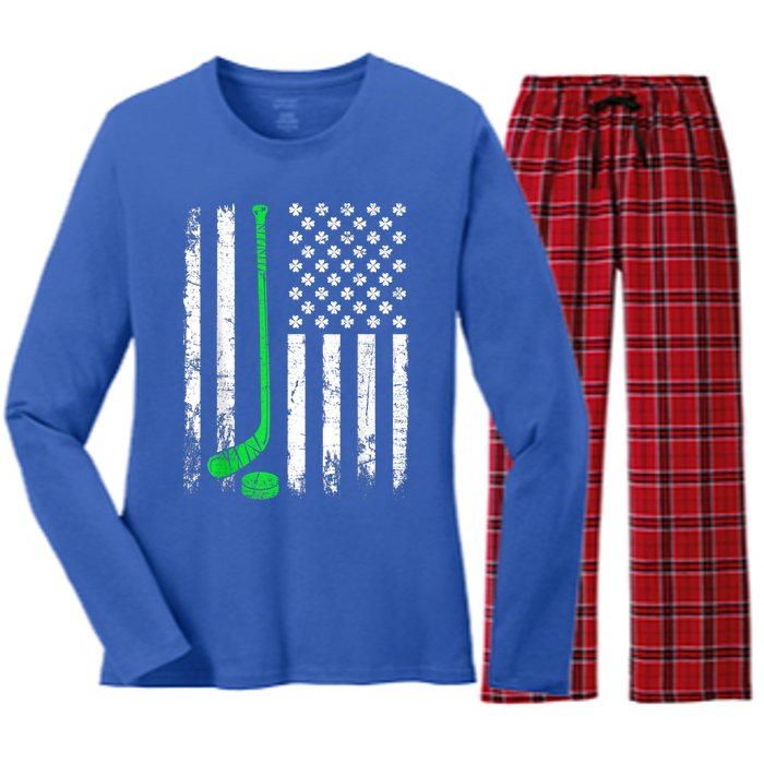 Vintage Hockey St Patricks Day American Flag Shamrock Great Gift Women's Long Sleeve Flannel Pajama Set 