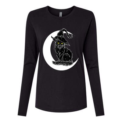 Vintage Halloween Scary Black Cat Witch Hat Moon Witchy Gift Great Gift Womens Cotton Relaxed Long Sleeve T-Shirt