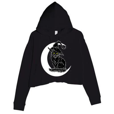 Vintage Halloween Scary Black Cat Witch Hat Moon Witchy Gift Great Gift Crop Fleece Hoodie