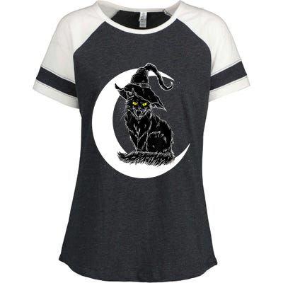 Vintage Halloween Scary Black Cat Witch Hat Moon Witchy Gift Great Gift Enza Ladies Jersey Colorblock Tee