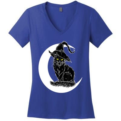 Vintage Halloween Scary Black Cat Witch Hat Moon Witchy Gift Great Gift Women's V-Neck T-Shirt