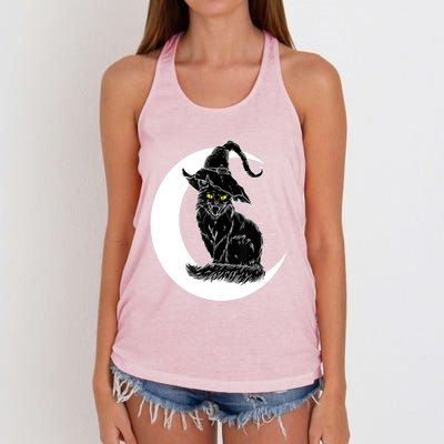 Vintage Halloween Scary Black Cat Witch Hat Moon Witchy Gift Great Gift Women's Knotted Racerback Tank