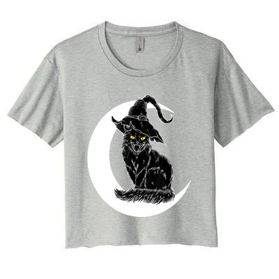 Vintage Halloween Scary Black Cat Witch Hat Moon Witchy Gift Great Gift Women's Crop Top Tee