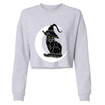 Vintage Halloween Scary Black Cat Witch Hat Moon Witchy Gift Great Gift Cropped Pullover Crew