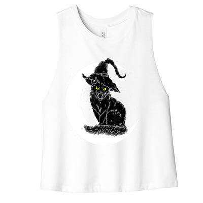 Vintage Halloween Scary Black Cat Witch Hat Moon Witchy Gift Great Gift Women's Racerback Cropped Tank