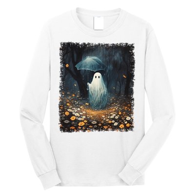 Vintage Halloween Spooky Ghost In The Forest Umbrella Gothic Long Sleeve Shirt