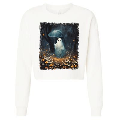 Vintage Halloween Spooky Ghost In The Forest Umbrella Gothic Cropped Pullover Crew