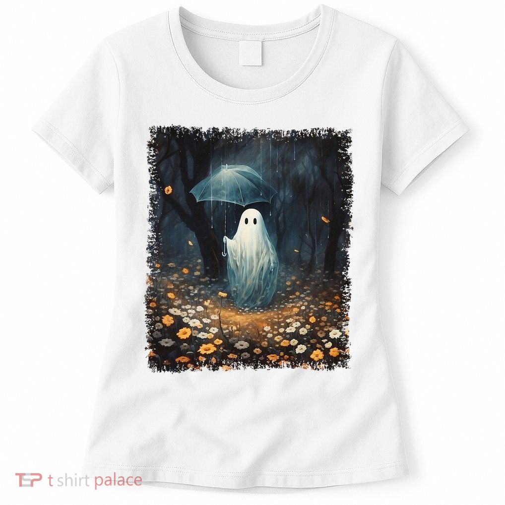 Vintage Halloween Spooky Ghost In The Forest Umbrella Gothic Womens T-Shirt
