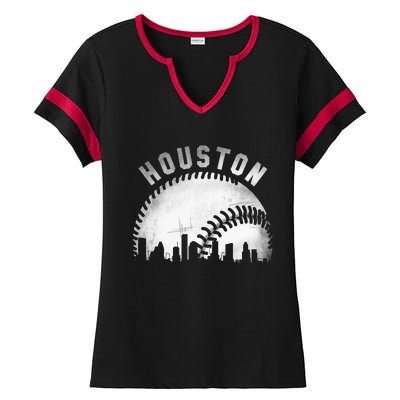 Vintage Houston Skyline City Baseball Ladies Halftime Notch Neck Tee