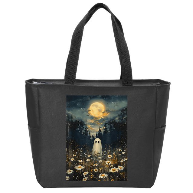 Vintage Halloween Spooky Ghost Floral Midnight Flower Forest Zip Tote Bag