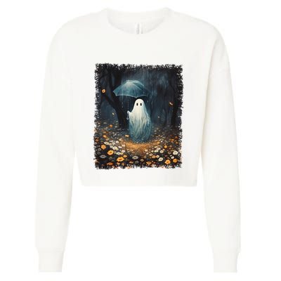 Vintage Halloween Spooky Ghost In The Forest Umbrella Gothic Cropped Pullover Crew