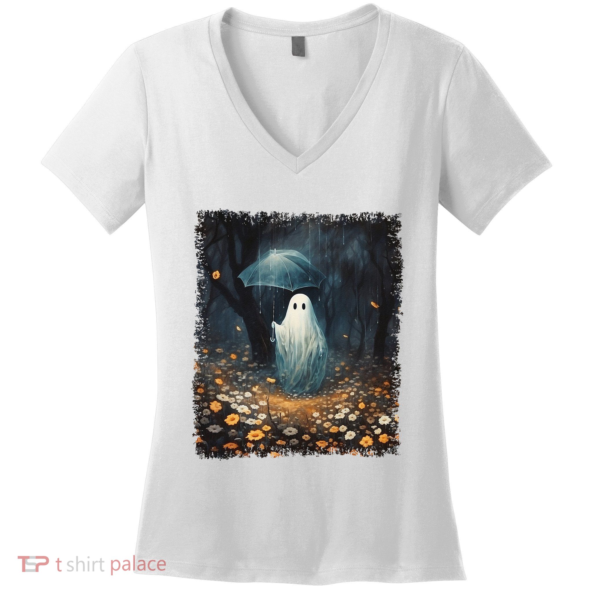 Vintage Halloween Spooky Ghost In The Forest Umbrella Gothic Women's V-Neck T-Shirt