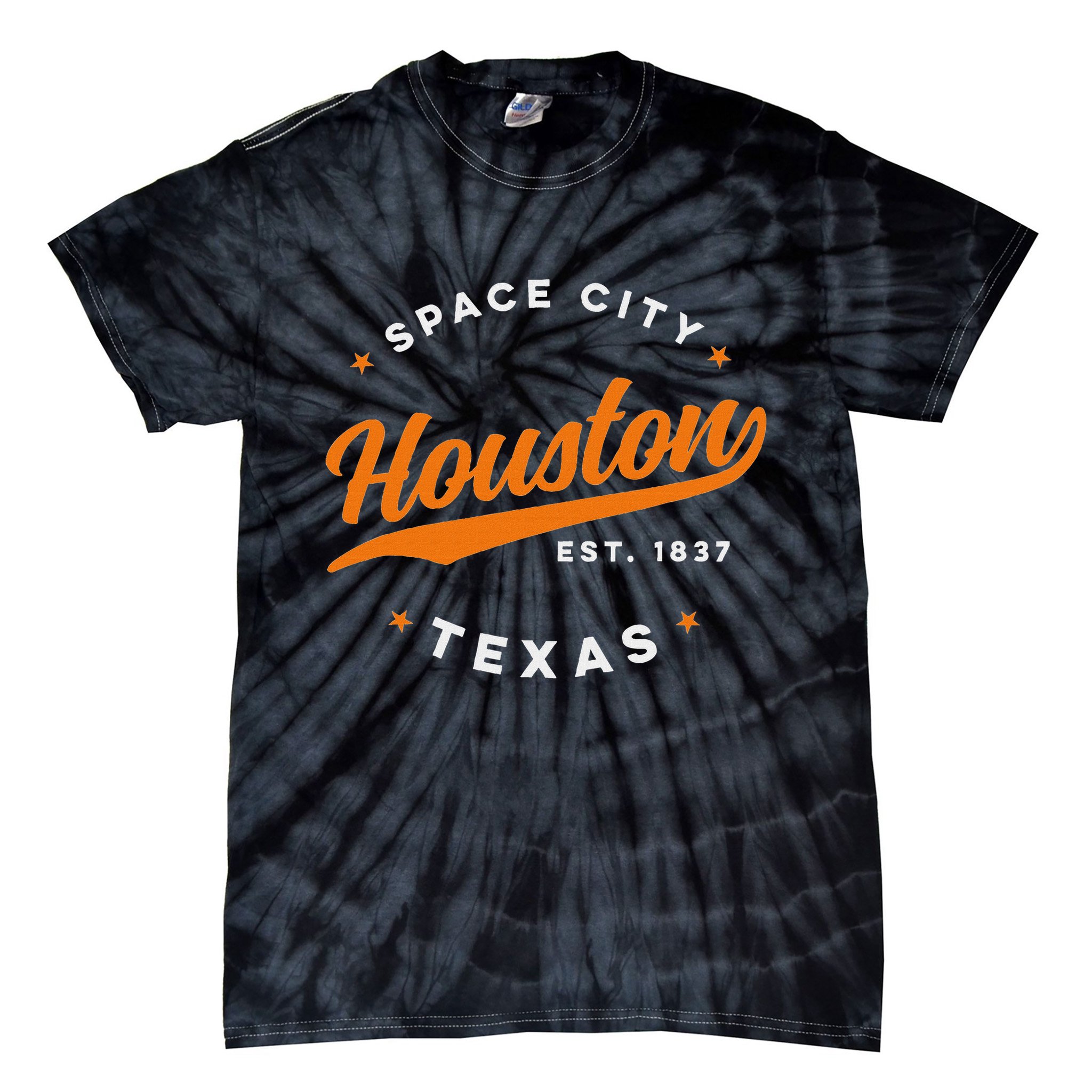 Vintage Houston Texas Space City Orange Text Tie-Dye T-Shirt