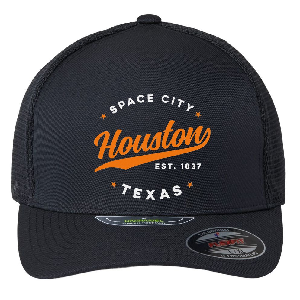 Vintage Houston Texas Space City Orange Text Flexfit Unipanel Trucker Cap