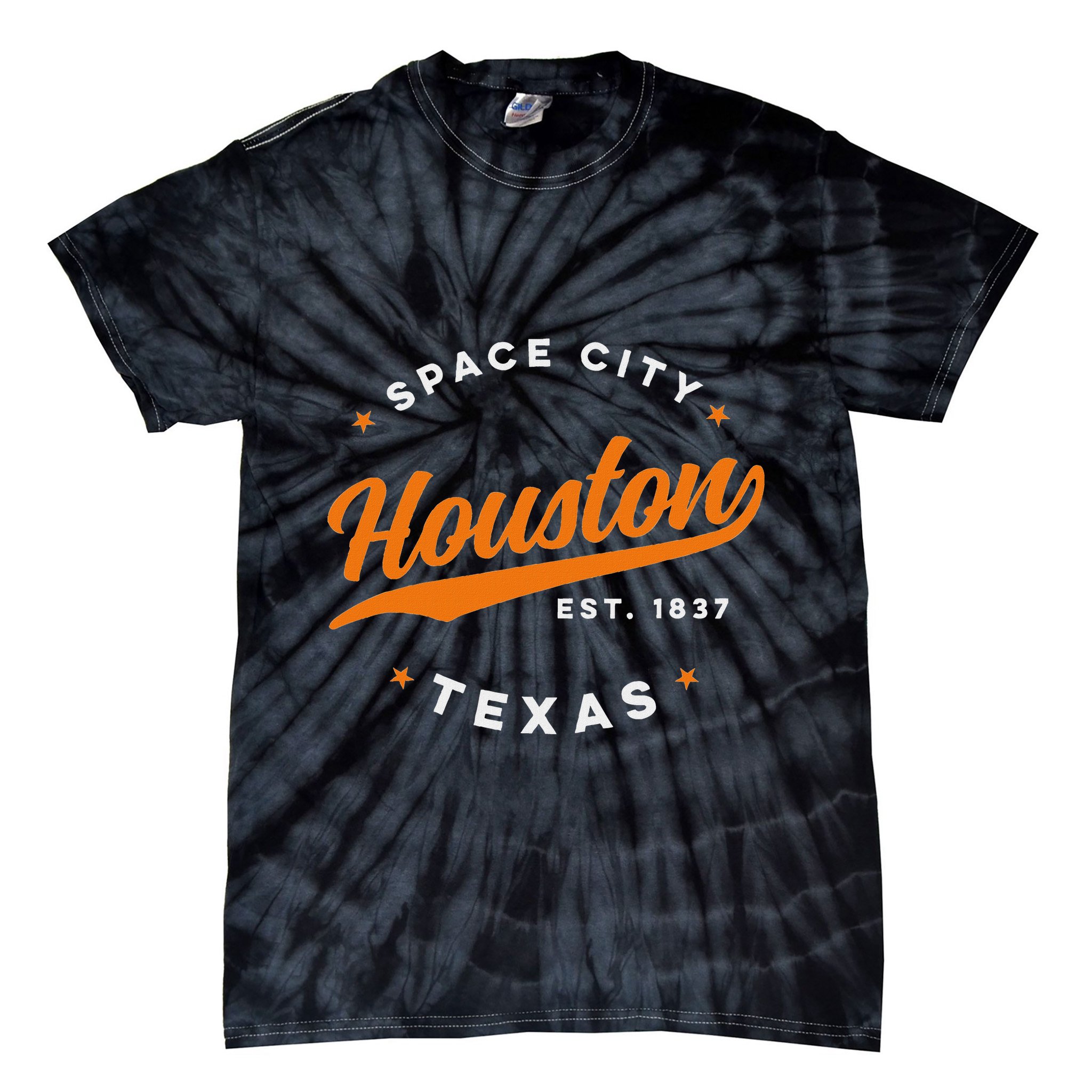 Vintage Houston Texas Space City Orange Text Tie-Dye T-Shirt