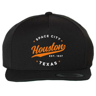 Vintage Houston Texas Space City Orange Text Wool Snapback Cap