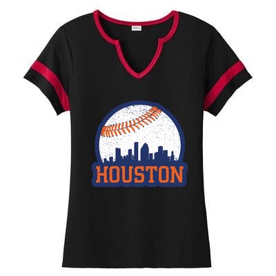 Vintage Houston Texas Skyline Baseball Game Ladies Halftime Notch Neck Tee