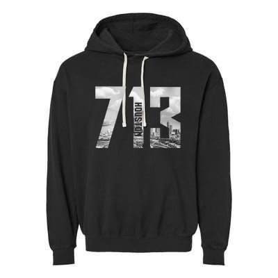 Vintage Houston Texas 713 Area Code Skyline Garment-Dyed Fleece Hoodie