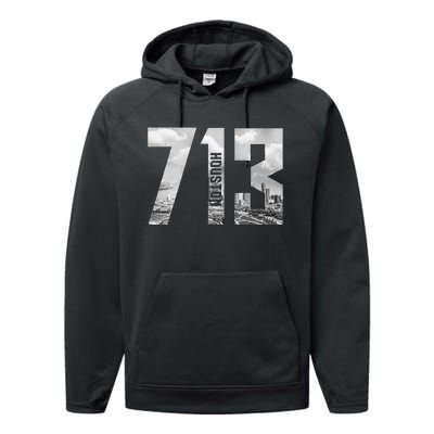 Vintage Houston Texas 713 Area Code Skyline Performance Fleece Hoodie