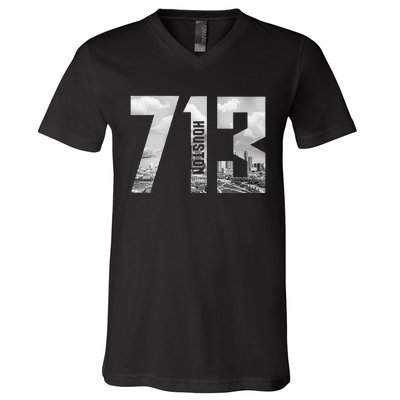 Vintage Houston Texas 713 Area Code Skyline V-Neck T-Shirt