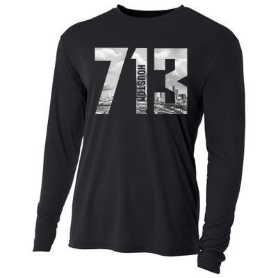 Vintage Houston Texas 713 Area Code Skyline Cooling Performance Long Sleeve Crew