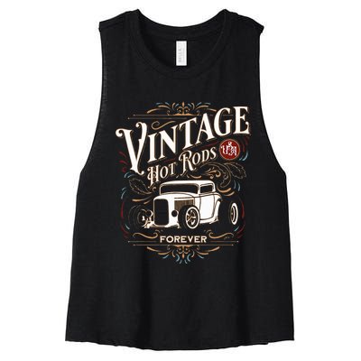 Vintage Hotrods Usa Forever Classic Car Nostalgia Design Women's Racerback Cropped Tank