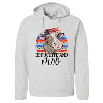 Vintage Heifer Us Flag Red White And Moo July 4th Farmers Gift Performance Fleece Hoodie