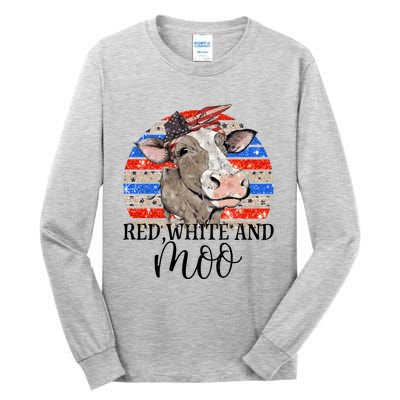 Vintage Heifer Us Flag Red White And Moo July 4th Farmers Gift Tall Long Sleeve T-Shirt