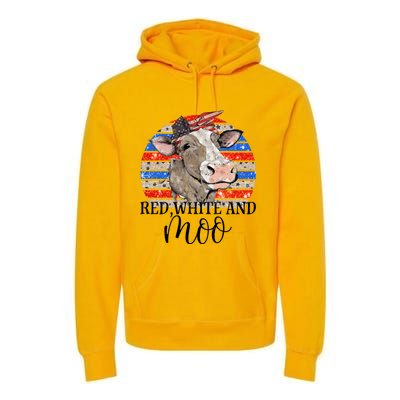 Vintage Heifer Us Flag Red White And Moo July 4th Farmers Gift Premium Hoodie