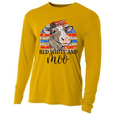 Vintage Heifer Us Flag Red White And Moo July 4th Farmers Gift Cooling Performance Long Sleeve Crew