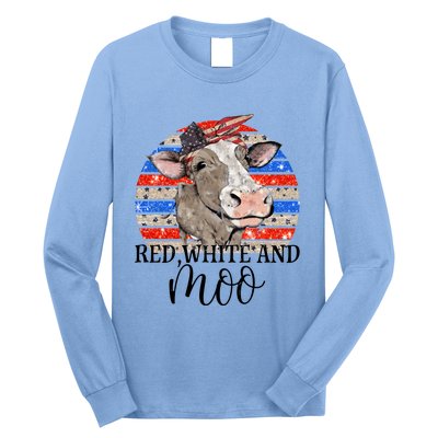 Vintage Heifer Us Flag Red White And Moo July 4th Farmers Gift Long Sleeve Shirt