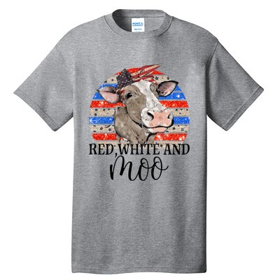 Vintage Heifer Us Flag Red White And Moo July 4th Farmers Gift Tall T-Shirt