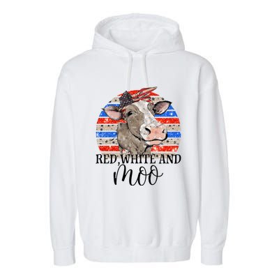 Vintage Heifer Us Flag Red White And Moo July 4th Farmers Gift Garment-Dyed Fleece Hoodie