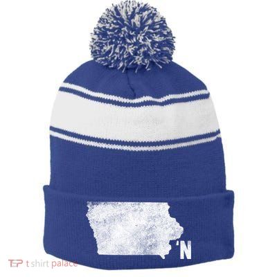 Vintage Iowa Apostrophe N State Map Outline Meaningful Gift Stripe Pom Pom Beanie