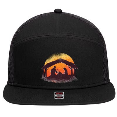 Vintage Illustration Christmas Nativity Scene Religious 7 Panel Mesh Trucker Snapback Hat