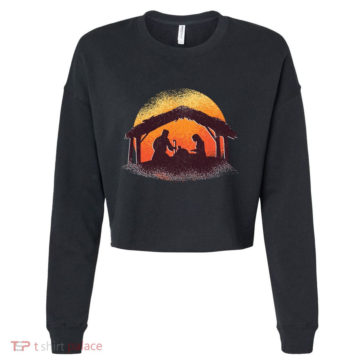 Vintage Illustration Christmas Nativity Scene Religious Cropped Pullover Crew