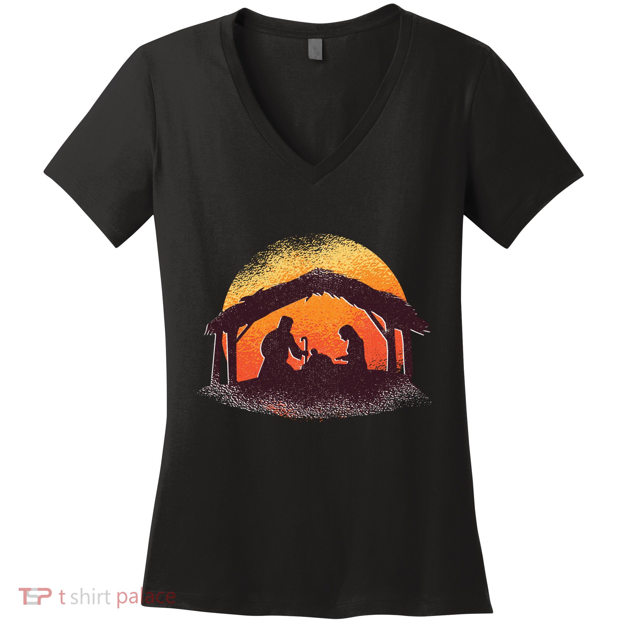Vintage Illustration Christmas Nativity Scene Religious Women's V-Neck T-Shirt