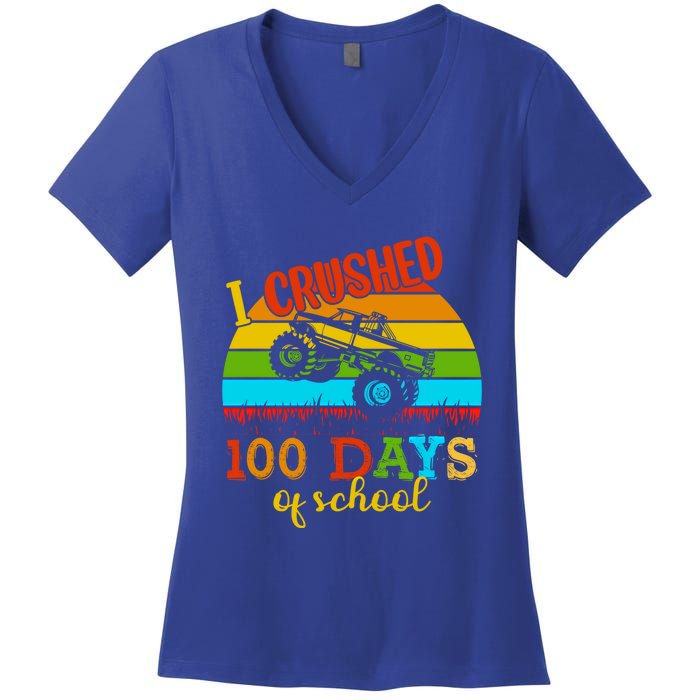 Vintage I Crushed 100 Days Of School Truck Gift Women's V-Neck T-Shirt