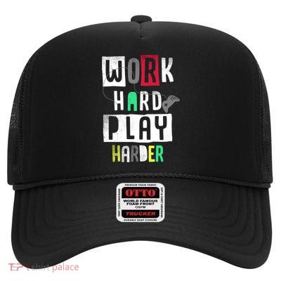 Video Games Work Hard Play Harder Gamer High Crown Mesh Back Trucker Hat
