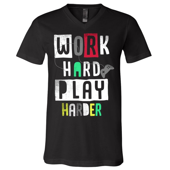 Video Games Work Hard Play Harder Gamer V-Neck T-Shirt