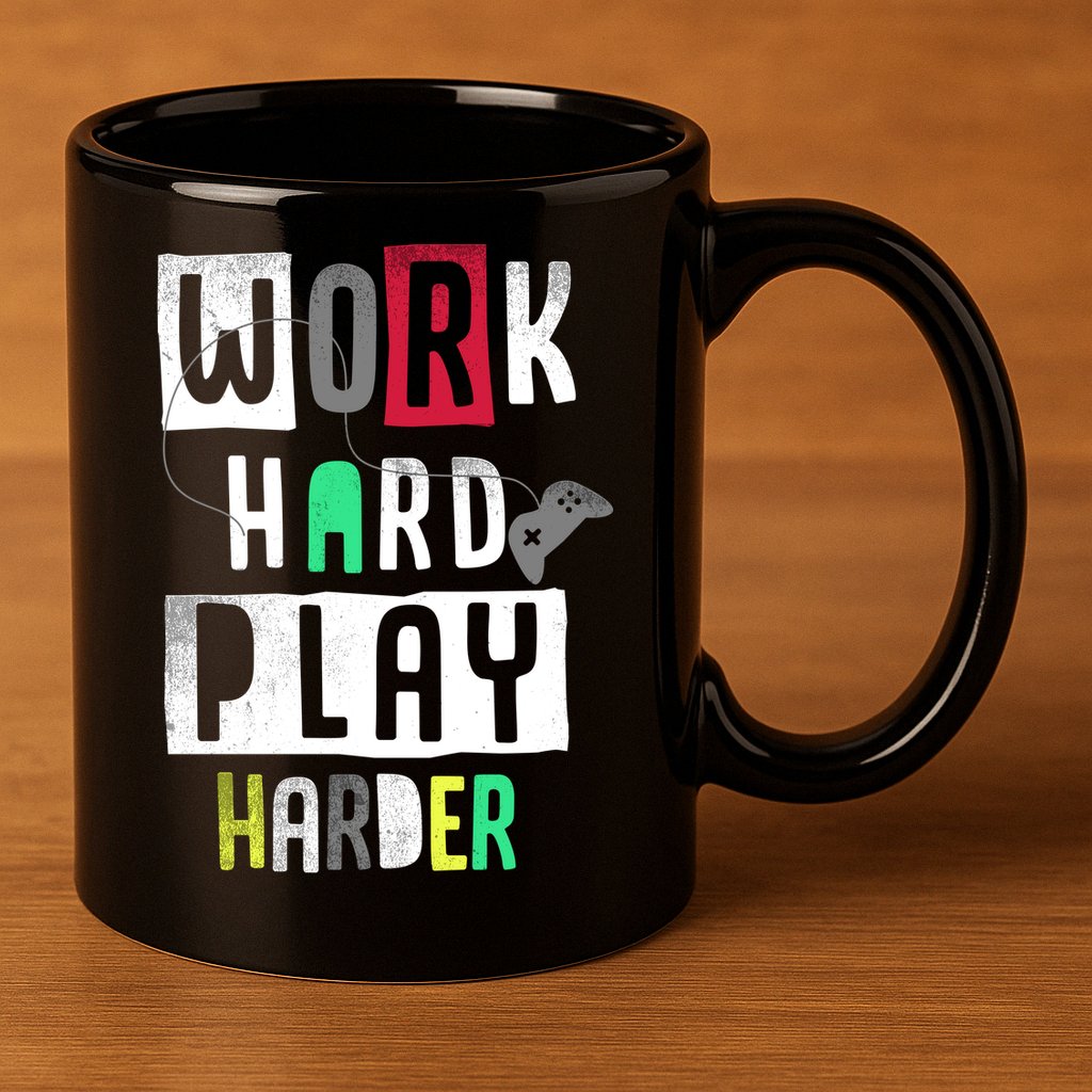 Video Games Work Hard Play Harder Gamer 11oz C Handle Ceramic Mug