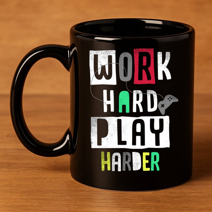 Video Games Work Hard Play Harder Gamer 11oz C Handle Ceramic Mug