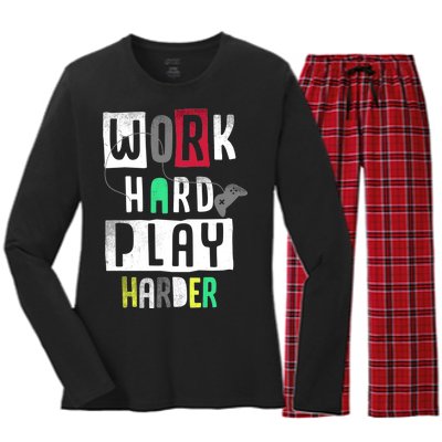 Video Games Work Hard Play Harder Gamer Women's Long Sleeve Flannel Pajama Set 