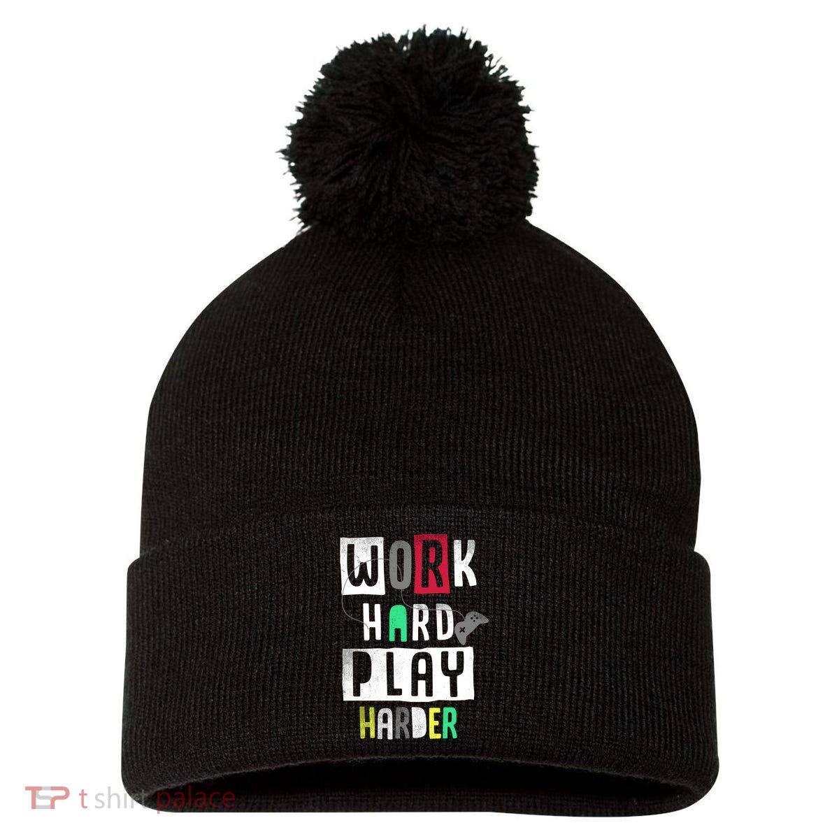 Video Games Work Hard Play Harder Gamer Pom Pom 12in Knit Beanie