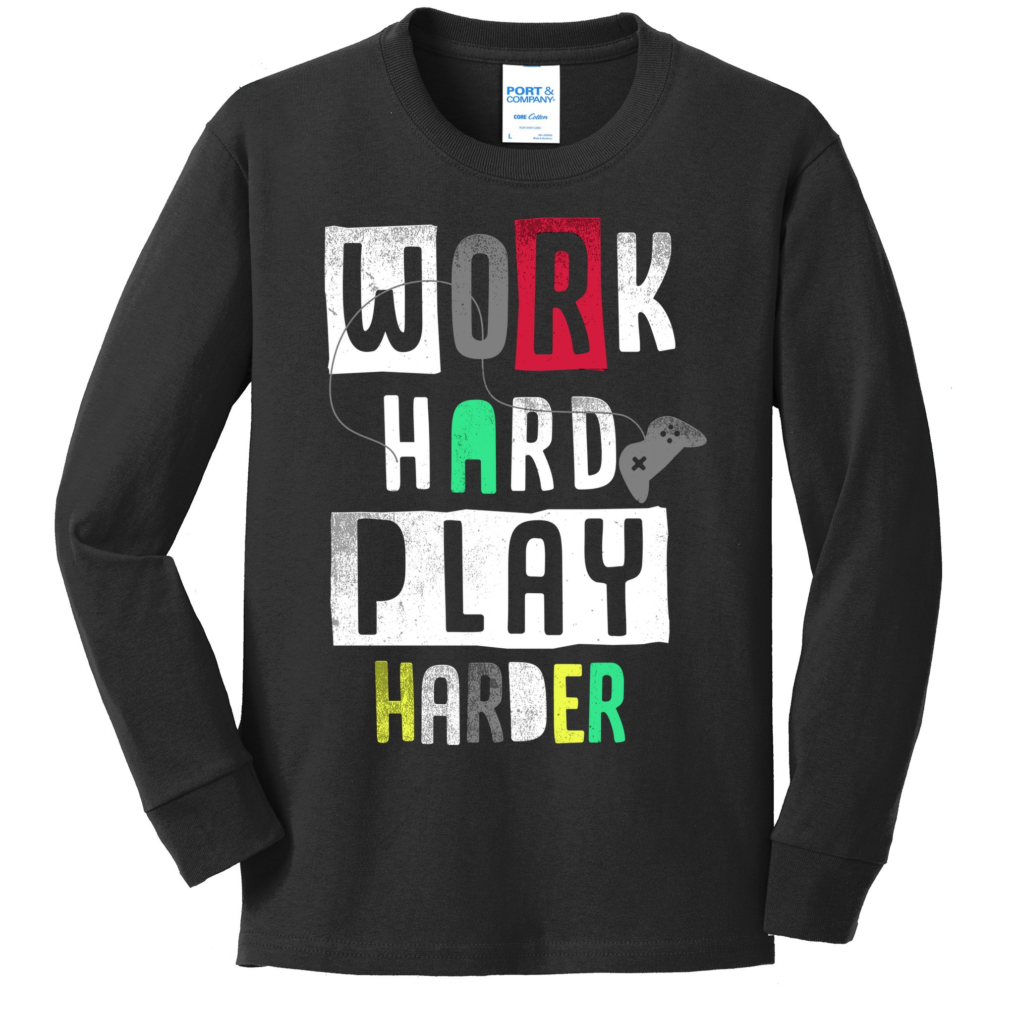 Video Games Work Hard Play Harder Gamer Kids Long Sleeve Shirt
