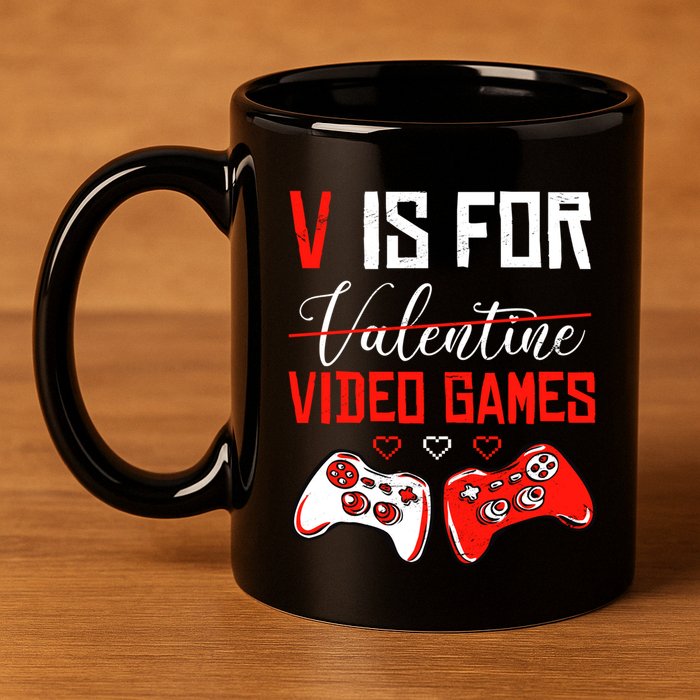 V Is For Video Games Anti Valentine's Day Game Lover Gift 11oz C Handle Ceramic Mug