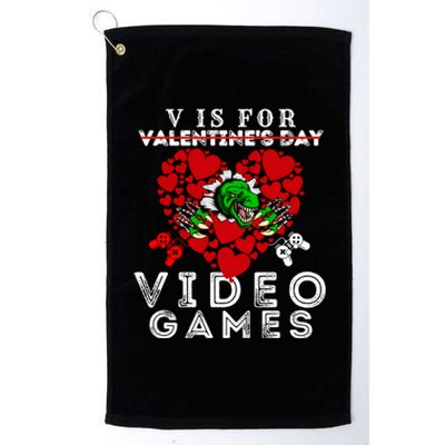 V Is For Video Games Valentines Day Dinosaurs Gift Platinum Collection Golf Towel