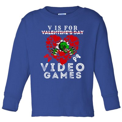 V Is For Video Games Valentines Day Dinosaurs Gift Toddler Long Sleeve Shirt