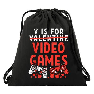 V Is For Video Games Funny Valentines Day Gamer Drawstring Bag