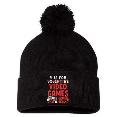 V Is For Video Games Funny Valentines Day Gamer Pom Pom 12in Knit Beanie